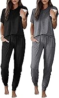 Ekouaer 2 pack Pajama Sets for Womens Jogger Pants Pjs Short Sleeves Lounge Set Soft Sleepwear with Pockets