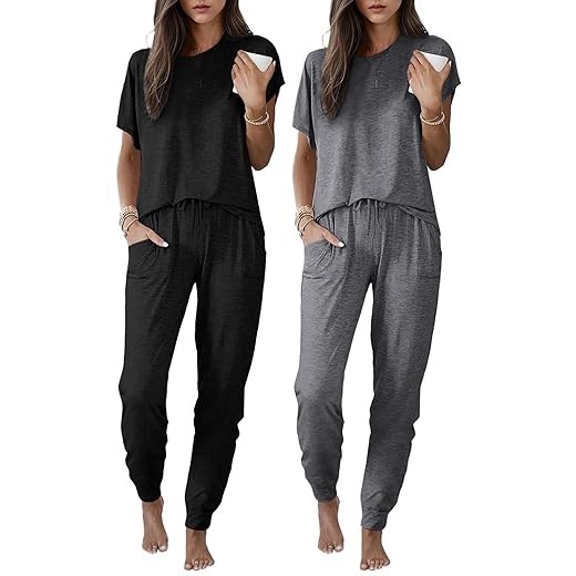 Ekouaer 2 pack Pajama Sets for Womens Jogger Pants Pjs Short Sleeves Lounge Set Soft Sleepwear with Pockets