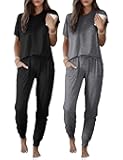 Ekouaer 2 pack Pajama Sets for Womens Jogger Pants Pjs Short Sleeves Lounge Set Soft Sleepwear with Pockets
