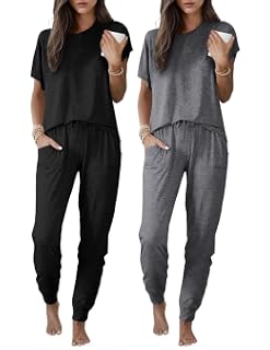 Ekouaer Paquete de 2 conjuntos de pijama para mujer, pantalones deportivos, pijamas de manga corta, conjunto de ropa de dormir suave con bolsillos | Pajama Sets with Pockets Comfy Sleepwear for Daily Wear, Sleep, Home, Sport, Workout