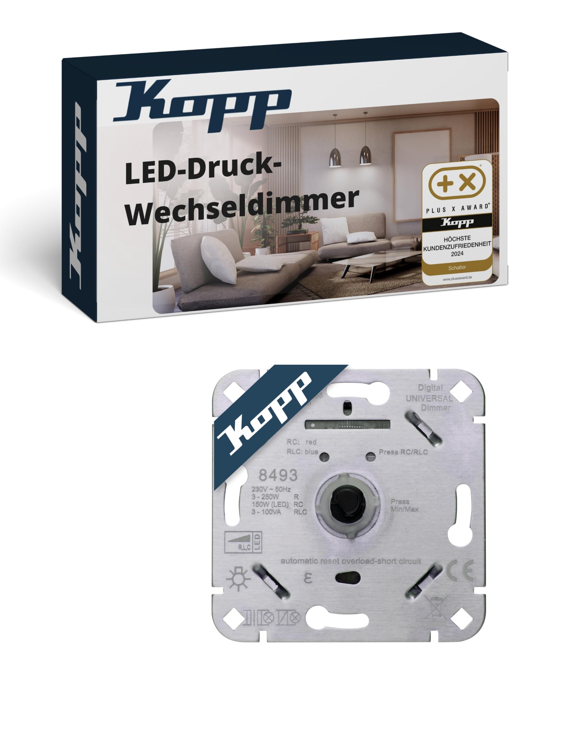 Kopp Digitaler LED-Druck-Wechseldimmer RLC 250 W, Glüh- und 230V-Halogenlampen, Phasenanschnitt und Phasenabschnitt, 230VAC, 50Hz, 250W, LED 150W, 100VA