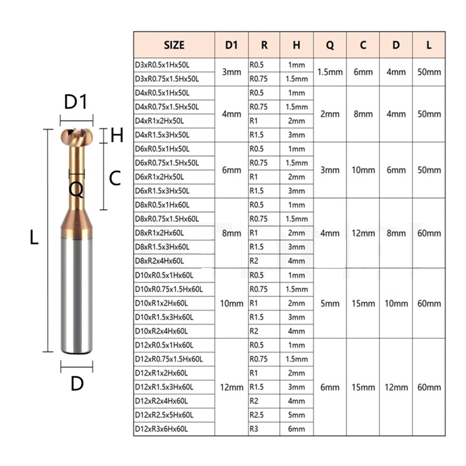 Fraiseà rainure en T rayon d'angle Fraise à rainurer en T, profil concave, outil CNC R0.5/0.75/1/2/3/4/5, usinage acier/aluminium(For Steel,D4xR1x2Hx50L)