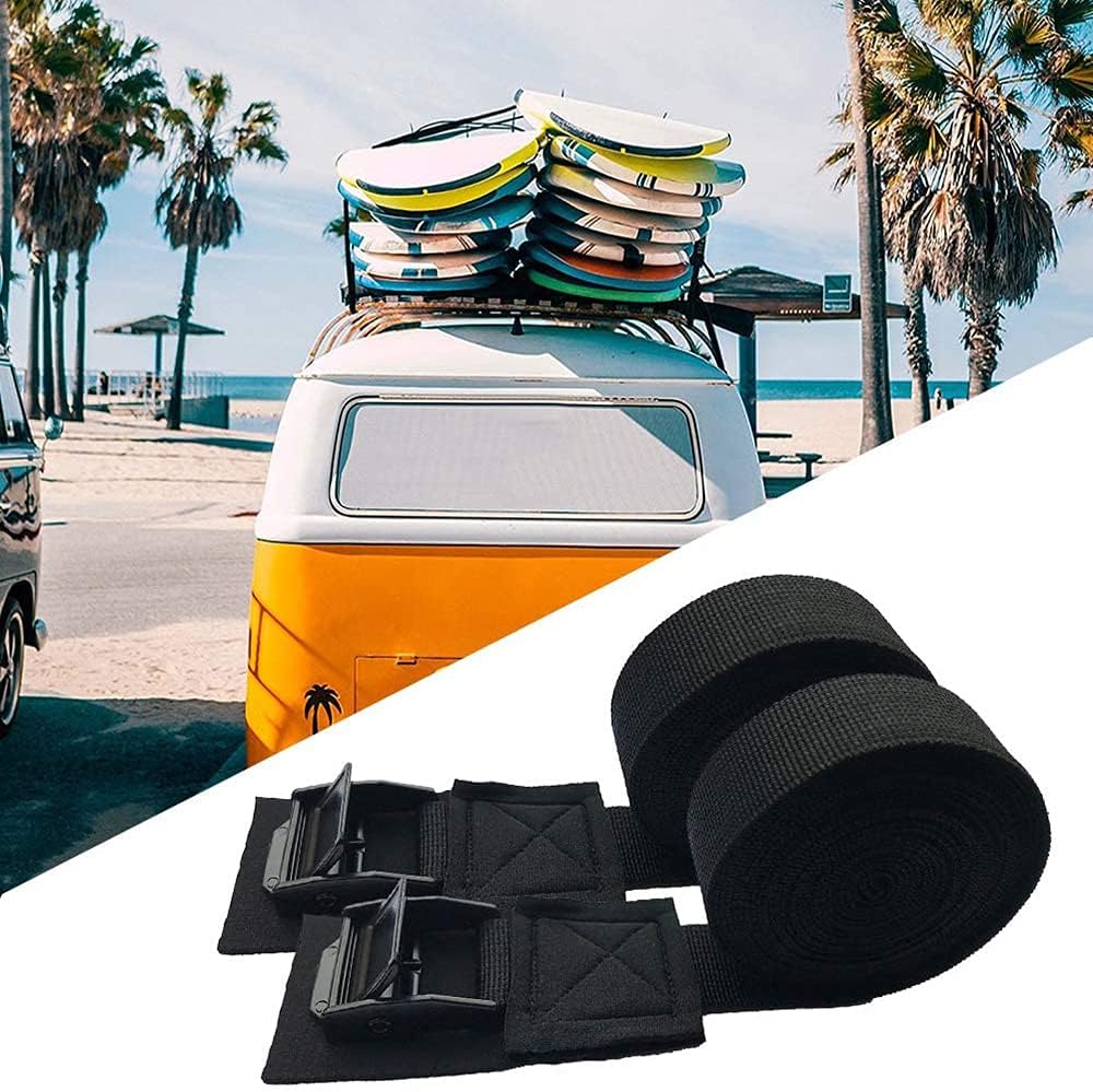 Diagram showing various uses for tie-down straps including surfboards, bicycles, cargo, and luggage.