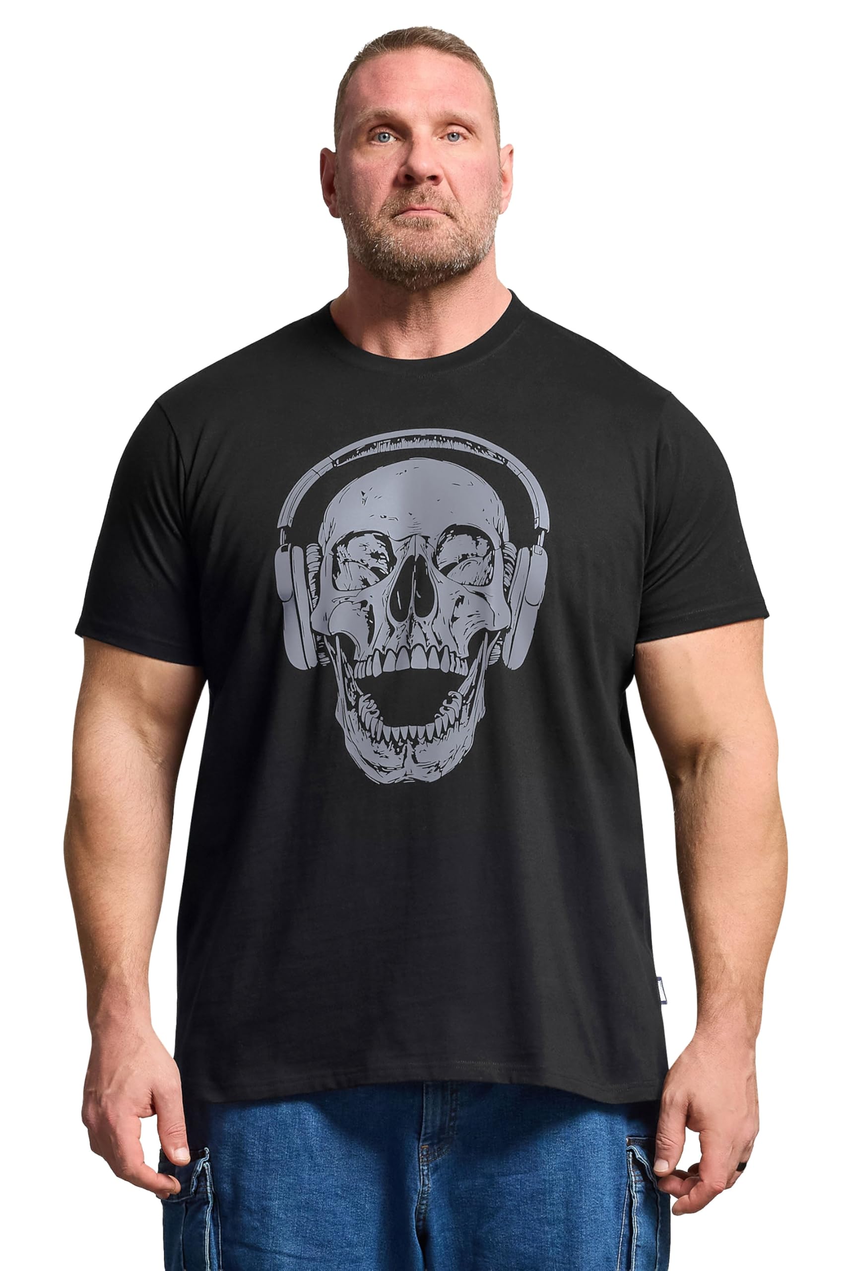 Badrhino Men's Black Big & Tall Skull & Headphone Graphic T-Shirt - Plus Size Curve