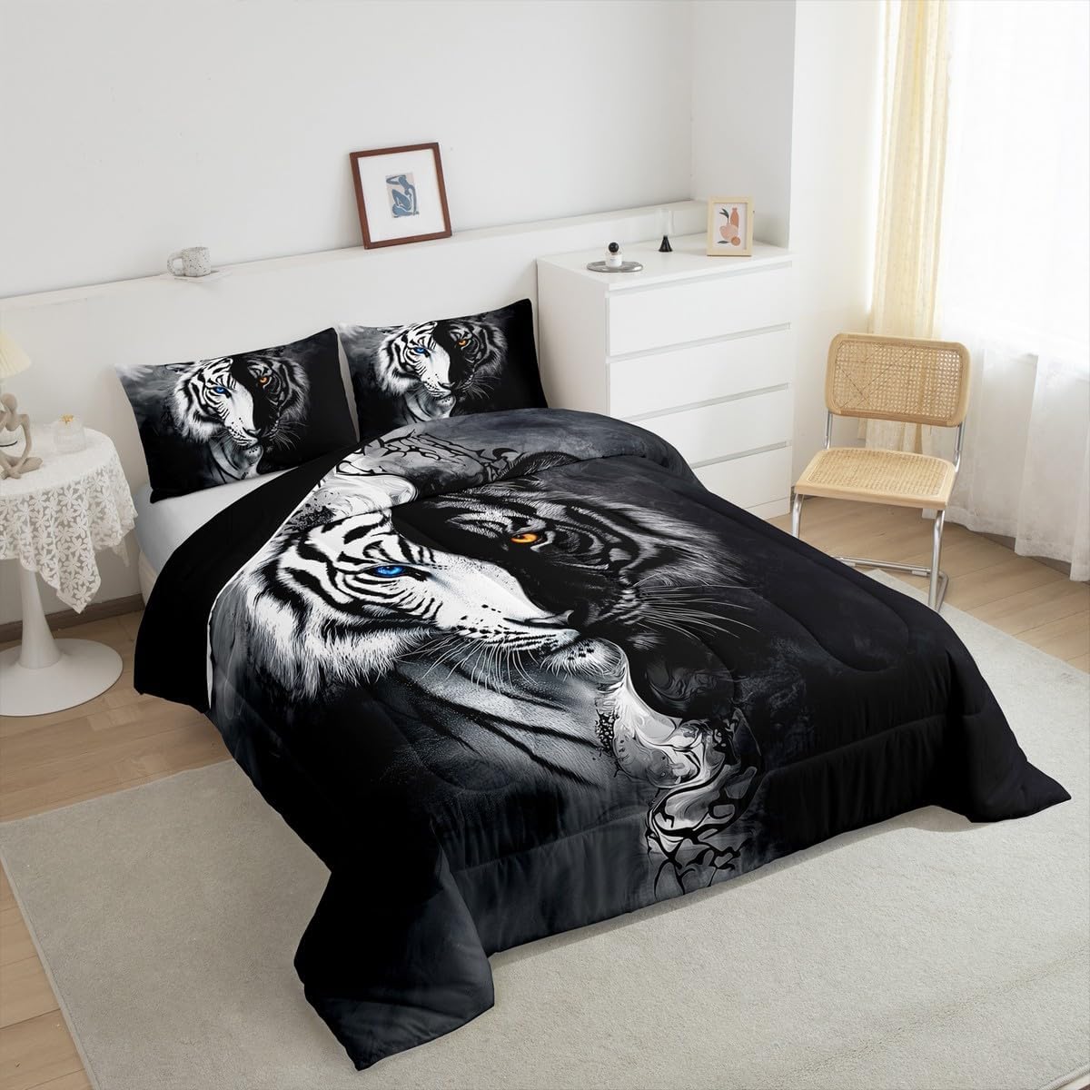 Erosebridal Tiger Comforter Set Queen African Safari Animal Bedding Set Black and White Stripes Down Comforter 3D Wildlife Quilt for Boys Teens Adult Men Women Bedroom Decor with 2 Pillow Cases