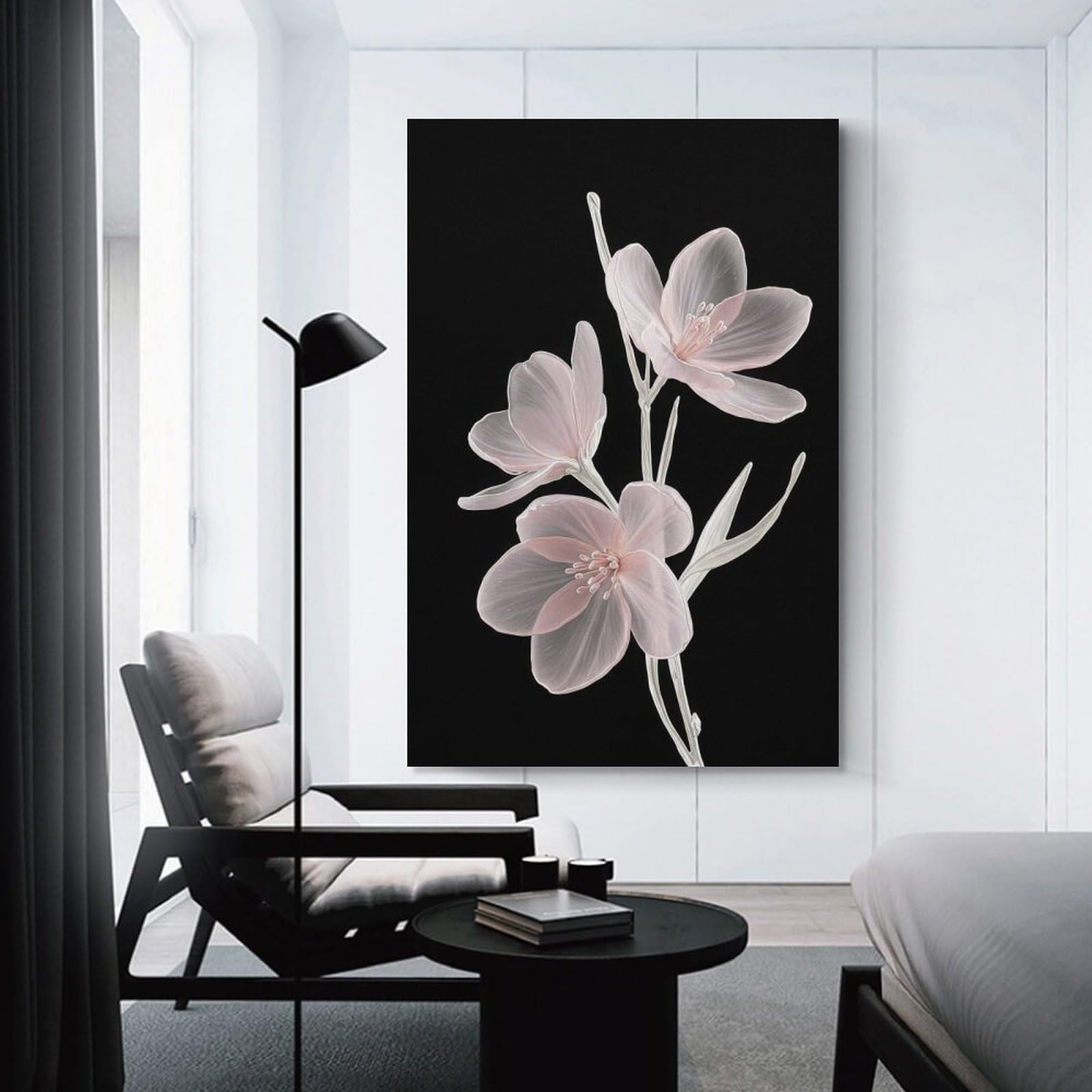 Junmoney Unframe-Style-3 Translucent Pink Flowers On Black Background Hanging Wall Art, 24X36inch(60X90cm), For Bedroom Decor, Cosy Corners Or Studios, An Easy Wall Refresh For Bedrooms