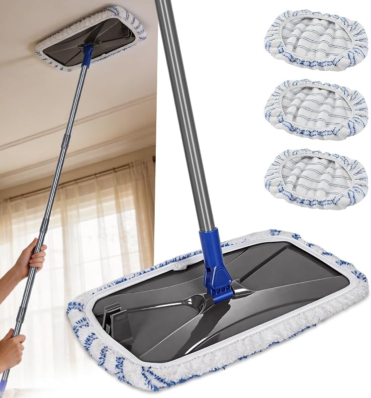 Masthome 16" Large Flat Mop,3 Microfiber Mop Pads | 360 Swivel Head, Cleaning Scraper,Wet & Dry Dust Mops for Floor Cleaning
