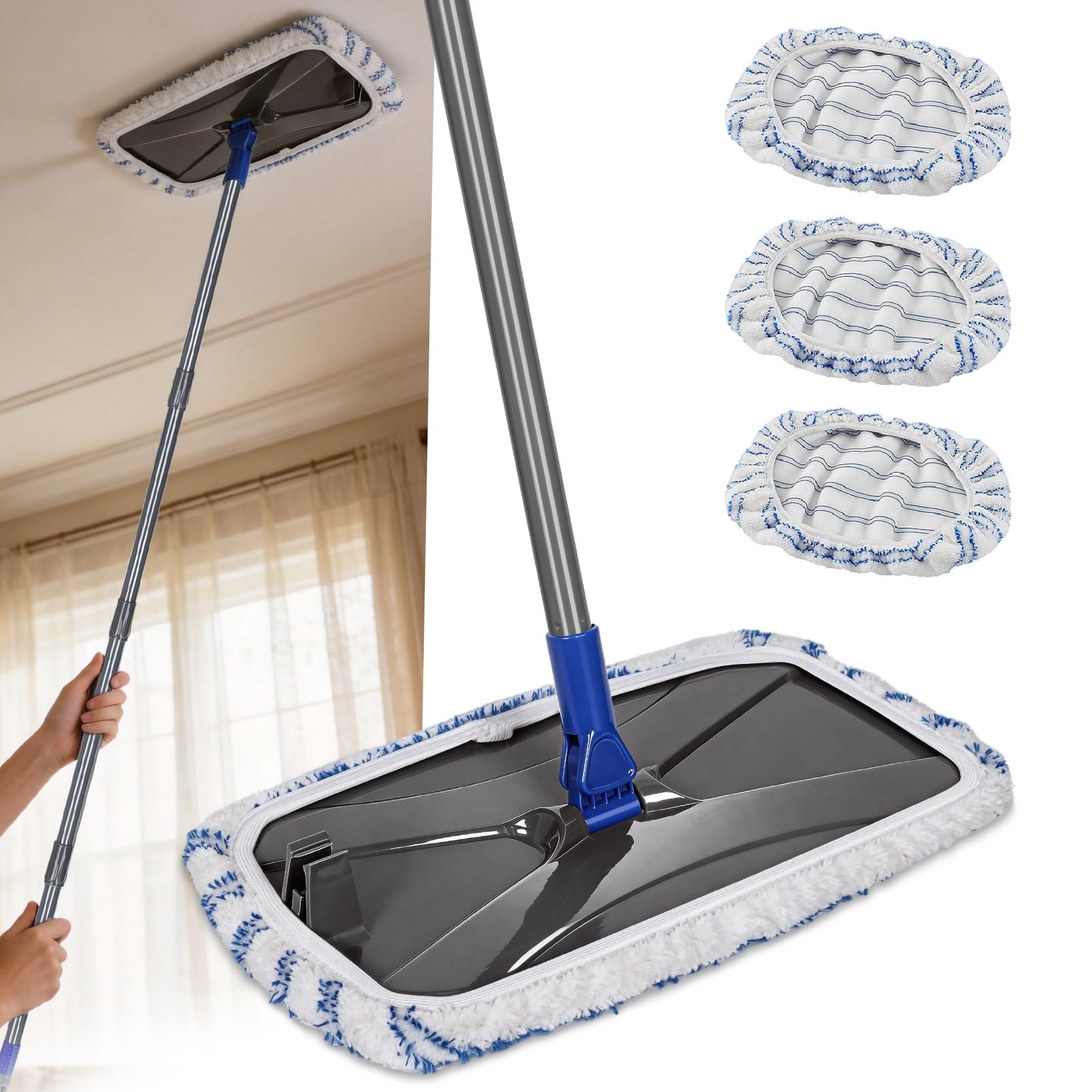Masthome Mopa de Microfibra Extragrande para Limpieza de Suelos, mopa Plana de 16 Pulgadas con 5 recambios Reutilizables y Lavables para Uso en húmedo y seco, mopa de Polvo para Azulejos laminados de | Cabezal giratorio de 360 grados, raspador de limpieza