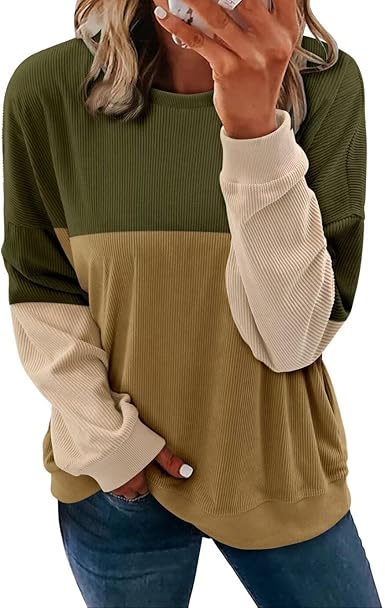 KISSMODA Women's Casual Long Sleeve Sweatshirt Color Block/Solid Crewneck Corduroy Pullover Cute Tops