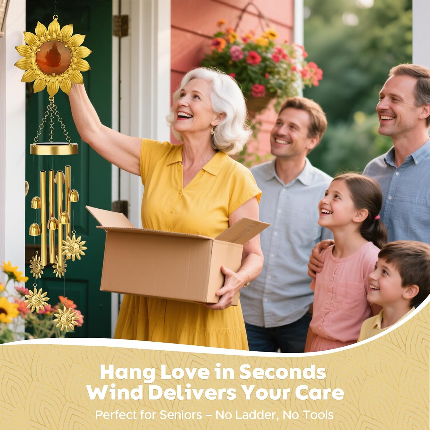 JYPS Solar Wind Chimes with Sunflower LED Lights, 42-Inch Large Waterproof Outdoor Garden Decor for Patio Yard, Unique Gifts for Women Mom Grandma, Mother's Day Christmas Birthday Easy-Install Design - Image 6