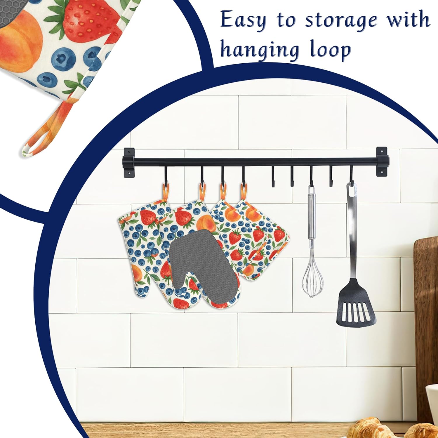 Tropical Fruit Oven Mitts and Pot Holders Strawberry Peach Blueberry Silicone Kitchen Accessories Set of 4 Heat Resistant Non-Slip Long Gloves Potholder for Chef Cooking Baking Gifts Women Men