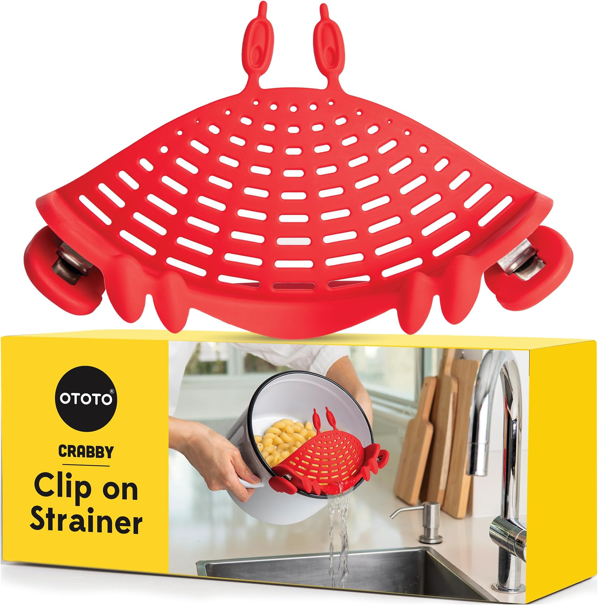 NEW Crabby Clip-On Strainer by OTOTO - Silicone and Stainless Steel Pasta Strainer, Funny Gifts, Cute Kitchen Accessories, Red Crab, Cool Kitchen Gadgets