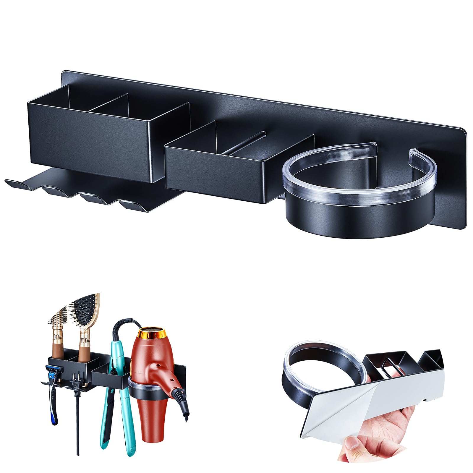 Porte sèche-cheveux noir en acier inoxydable YYBO avec compartiments de rangement design