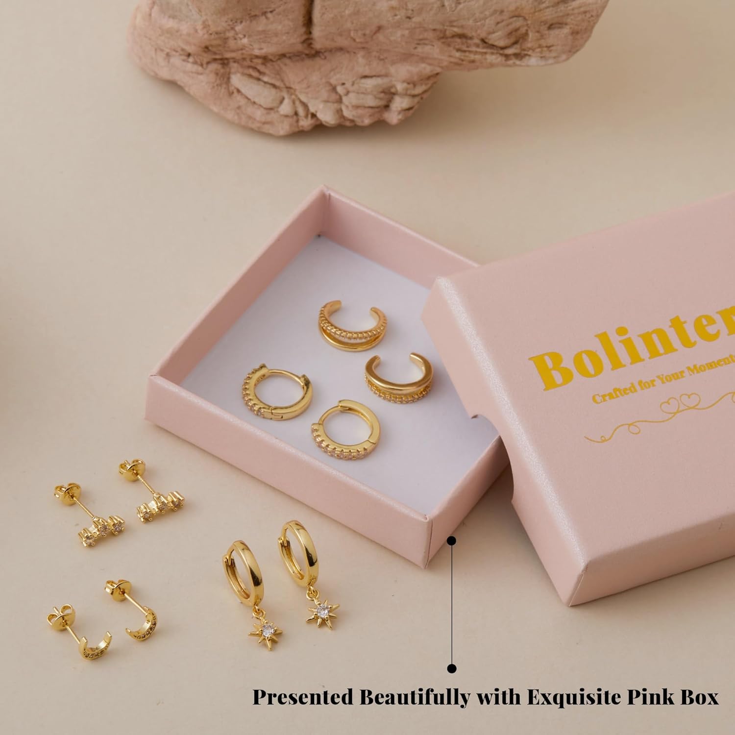 5 Pairs 14K Gold Stud Hoop Earrings Set for Women Hypoallergenic 925 Sterling Silver Post Dainty Huggie Cuff Earring Sets for Multiple Piercing Stacks Trendy Women Fashion Jewelry Gifts - Image 5