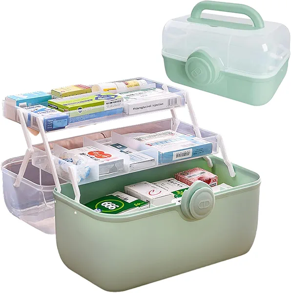 Plastic Medical Box First Aid Storage Containers 3-Tier Fold Tray with Removable Pill Case Family Empty Medication Organizer with Handled for Home, Medical Facility, School and Travel-Cyan-2