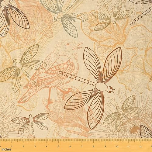 Feelyou Dragonfly Fabric by The Yard, Vintage Birds Floral Upholstery Fabric for Chairs, Wild Nature Ornament Decorative Fabric for Upholstery and Home DIY Projects, 1 Yard, Yellow Orange