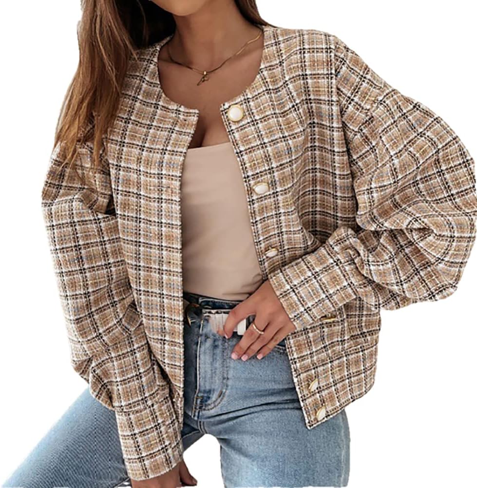 Mayntop Women Jacket Duffle Plain Tartan Tweed Gingham Button-Down Loose Scoop Collar Fashion Outerwear