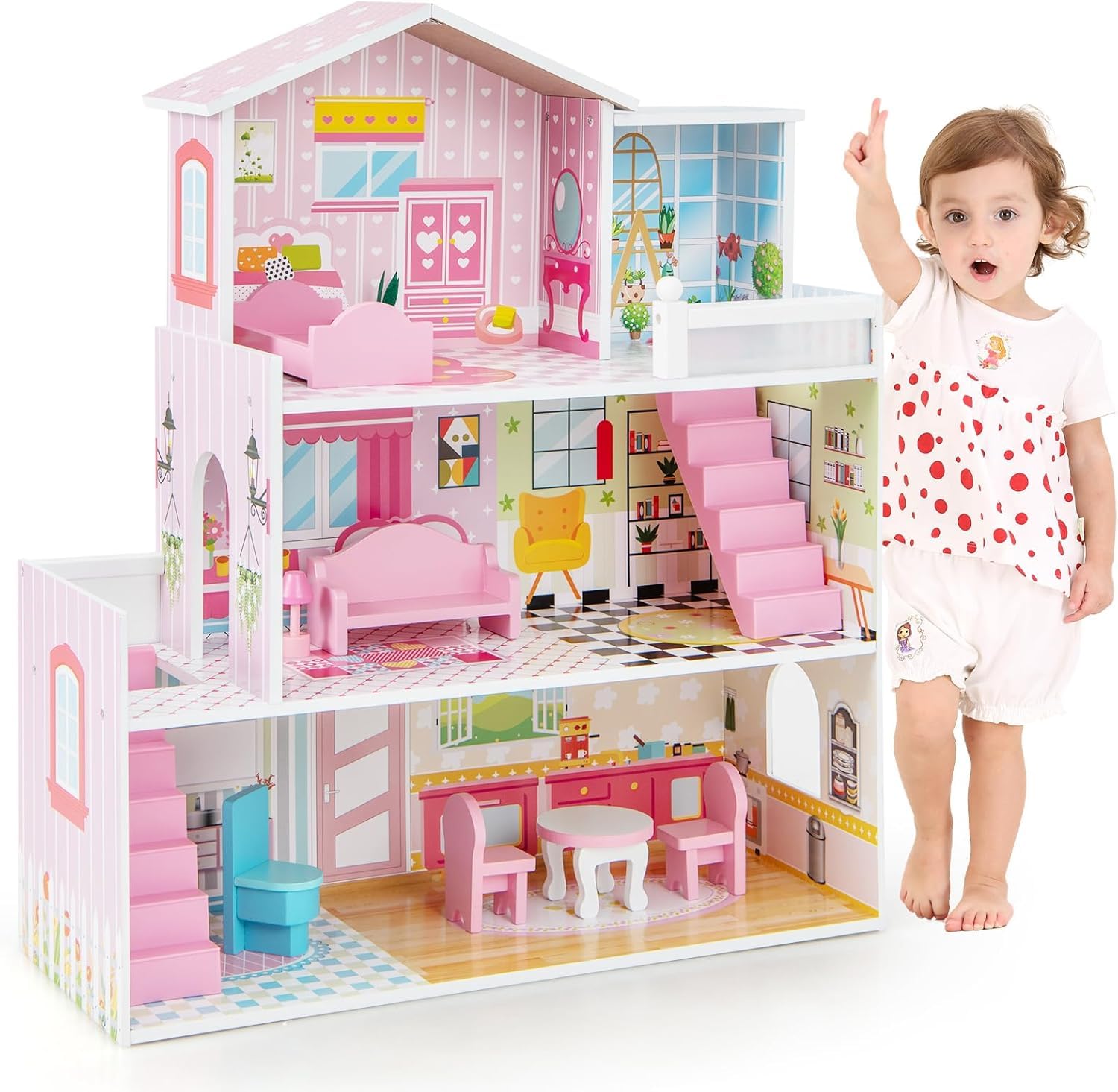 GOPLUS Casa de Muñecas de Madera, Casa de Ensueño de 3 Plantas con 5 Habitaciones Simuladas, 10 Piezas de Mobiliario, Juguete Educativo de Juegos de rol, Niñas de 3-7 Años