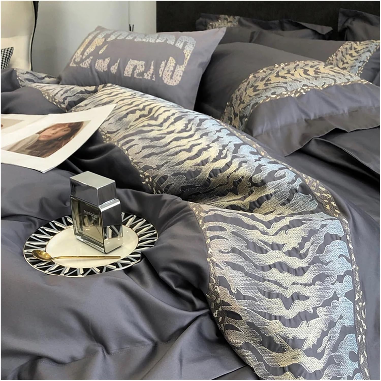 Grey Bedding Set Flat Sheet Embroidery Duvet Cover No Filling Pillowcase Bed Linens 1000Tc Cotton King Queen Size Home Textile,Bed