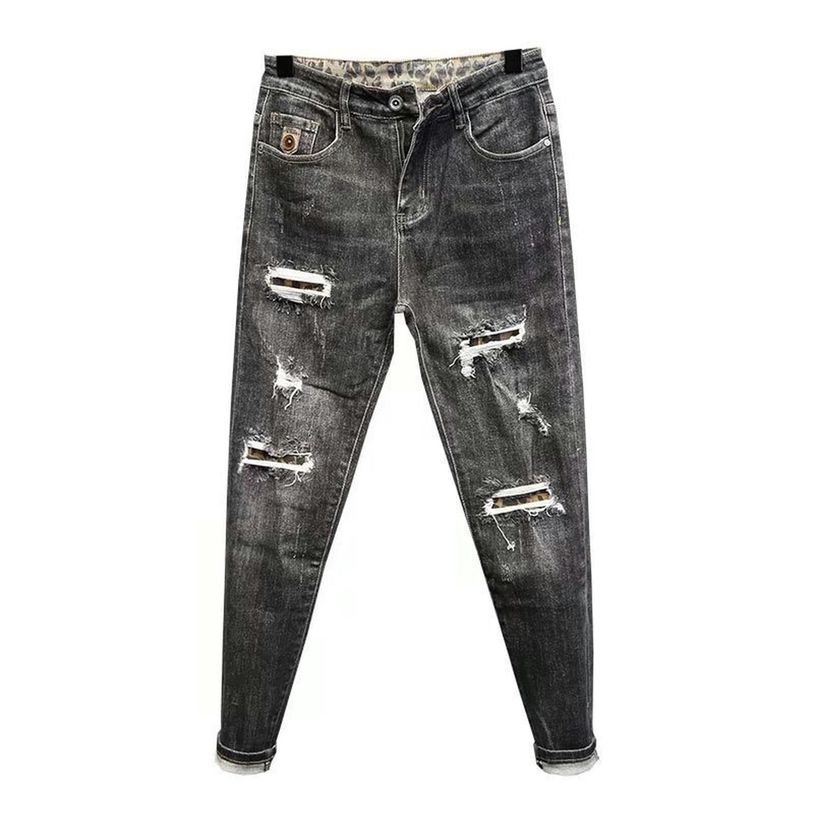 AYAZER Fashionable and Personalized Distressed Vintage Denim Trousers for Men with Hole Patches - Black - 33