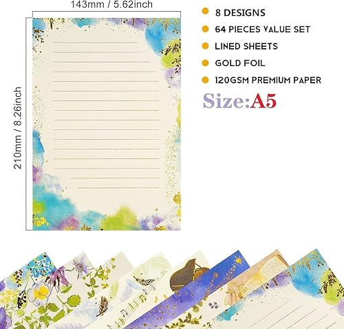 Miniatura 2 de Juego de 64 hojas de papel de carta estacionaria  A5 lindo estampado de papel de papel de escritorio forrado elegante para escribir letras, álbumes