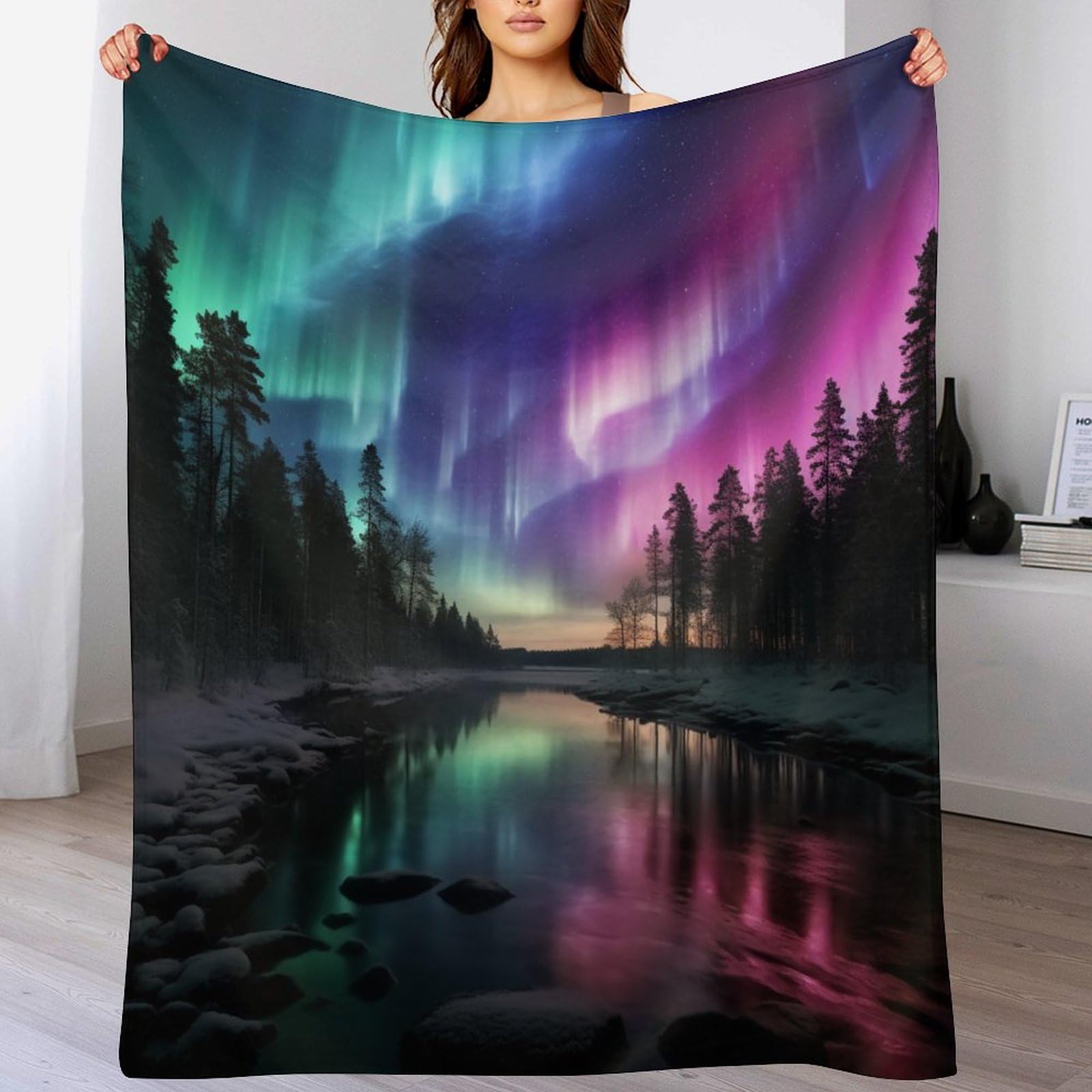 Couverture aurores boréales Norvège grand plaid cadeau doux
