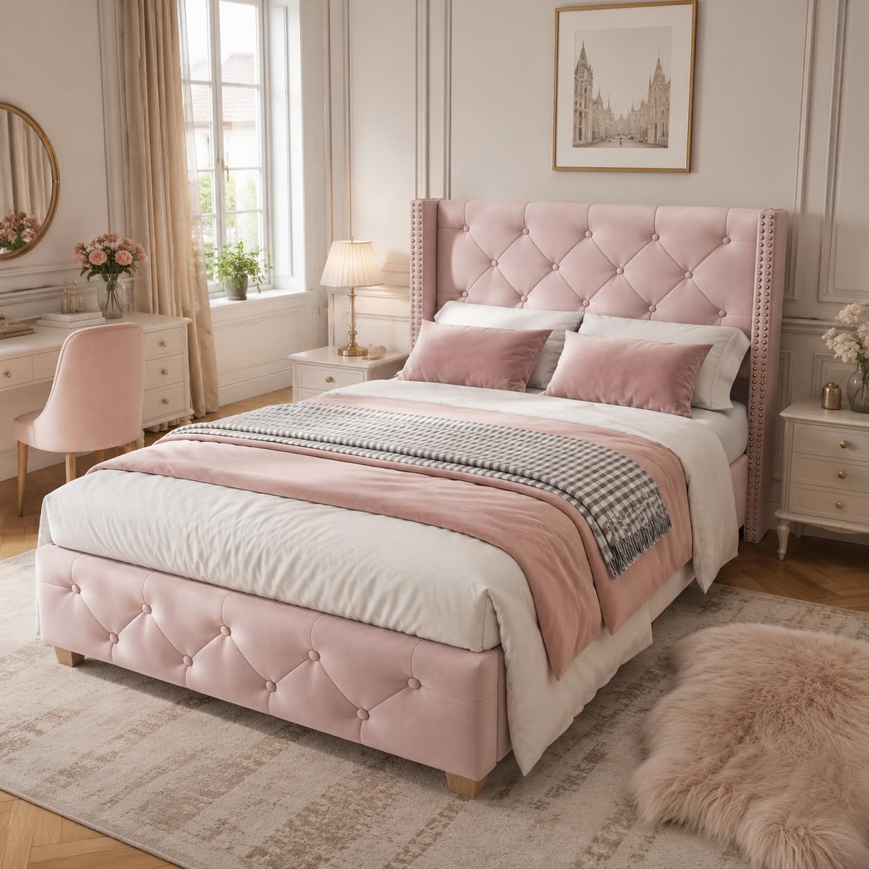 Cama infantil de 90x200 cm en terciopelo rosa con somier y cabecero de remaches para niños