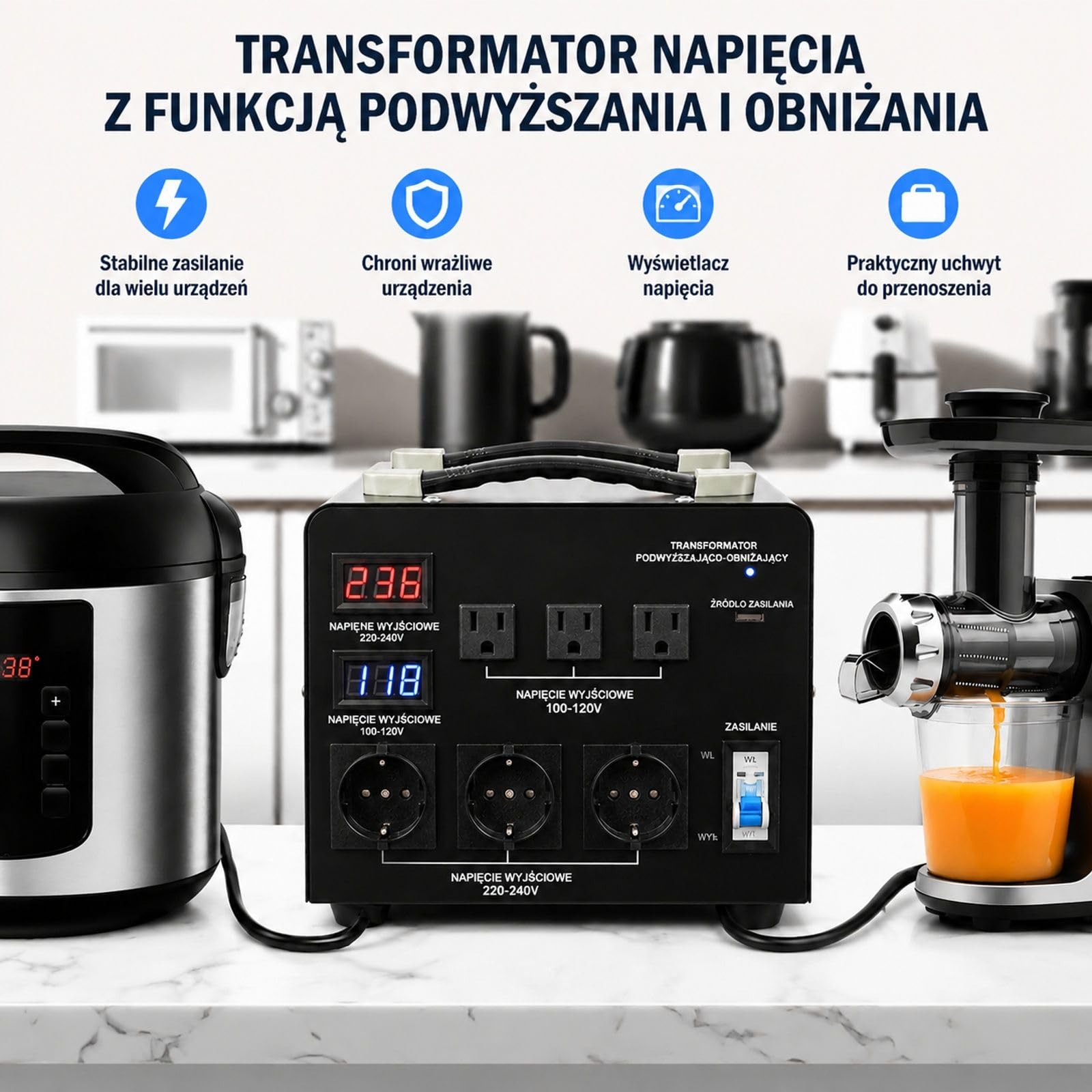 Transformator napięcia 3000VA 110 V na 220 V i 220 V na 110 V, 3 gniazda US, 3 złącza EU, metalowa obudowa z uchwytem