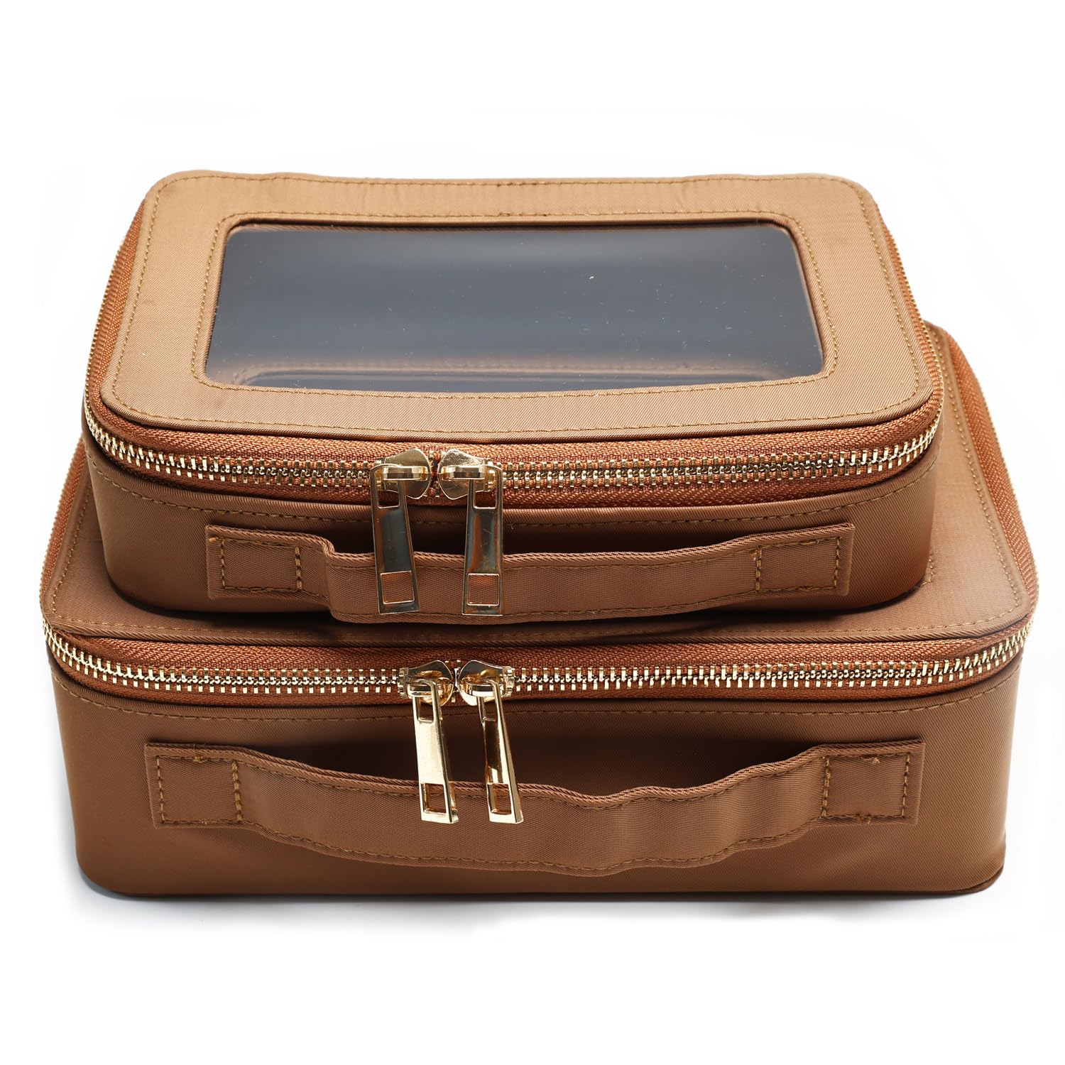 SANHECUN Cosmetic Case with Zipper TSA Approved Storage Box Travel Organizer Pouch Toiletry Portable Makeup Bag Cosmetic Set (2, Brown)