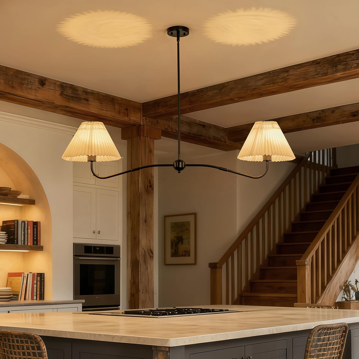 47’’ Modern Linear Chandelier for Dining Room, 2-Light Black Farmhouse Pendant lights kitchen island with White Fabric Shades, Island Lighting Fixture for Restaurant Kitchen Over Table, E26 Base