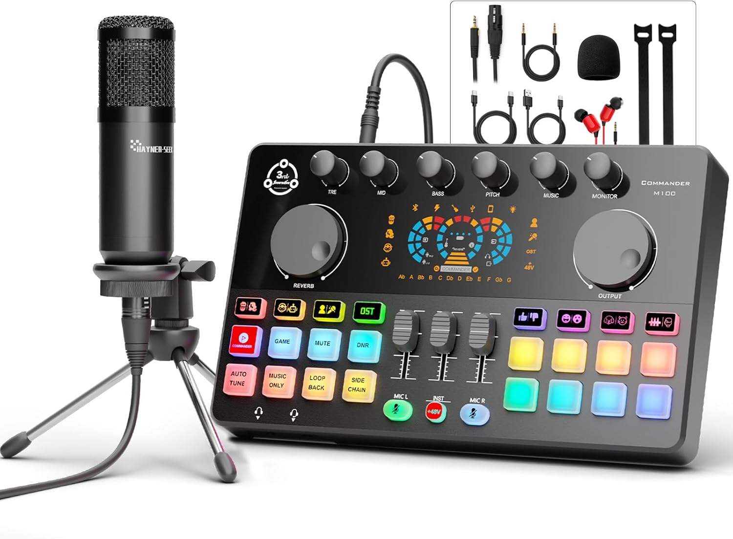 Podcast Equipment Bundle, RGB Audio Interface with 3.5mm Studio Condenser Microphone,Tripod Stand for PC, Phone, Streaming Recording,Singing, DJ, TikTok, Voice Changer, Denoise, COMMANDER M100 3rd