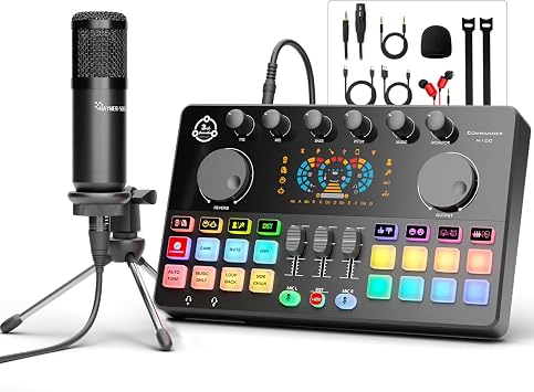 Podcast Equipment Bundle, RGB Audio Interface with 3.5mm Studio Condenser Microphone,Tripod Stand for PC, Phone, Streaming Recording,Singing, DJ, TikTok, Voice Changer, Denoise, COMMANDER M100 3rd