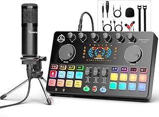 Podcast Equipment Bundle, Audio Interface and 3.5mm Studio Condenser Microphone Tripod Stand for PC, Phone, Streaming Recording,Singing, DJ, TikTok, RGB,Voice Changer, Denoise, COMMANDER M100 3rd