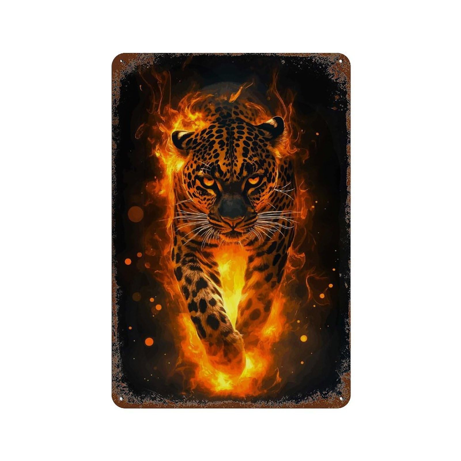 Rust Effect Tin Sign Fiery Leopard 11.8"x7.9", Industrial Home Decor for Garage, Bar And Workshop Decor