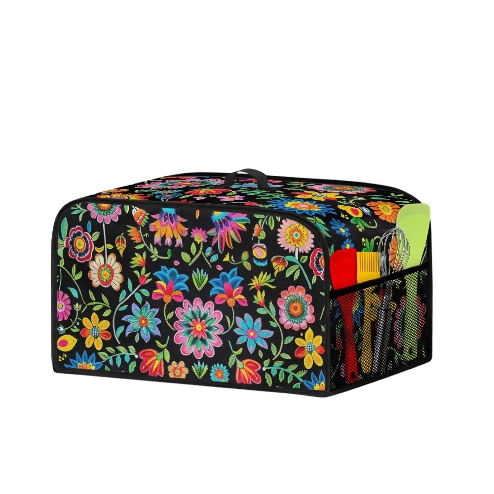 Tongluoye Colorful Flower Slow Cooker Cover Portable Air Fryer Cover Dust Covers With Storage Pocket and Handle Insulated Slow Cooker Bags for Kitchen Appliance Crock Pot Protective Cover Black