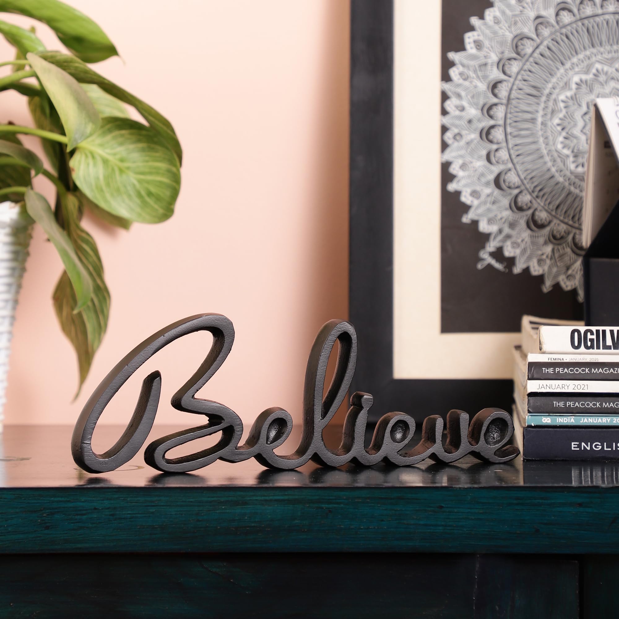 PURESTORY Words Believe Sign Decor | Wall Decorative Items for Home Living Room | Metal Word Sign Board | Cutout Sign | Decoration for Room, Kitchen, Gallery, Office - Black