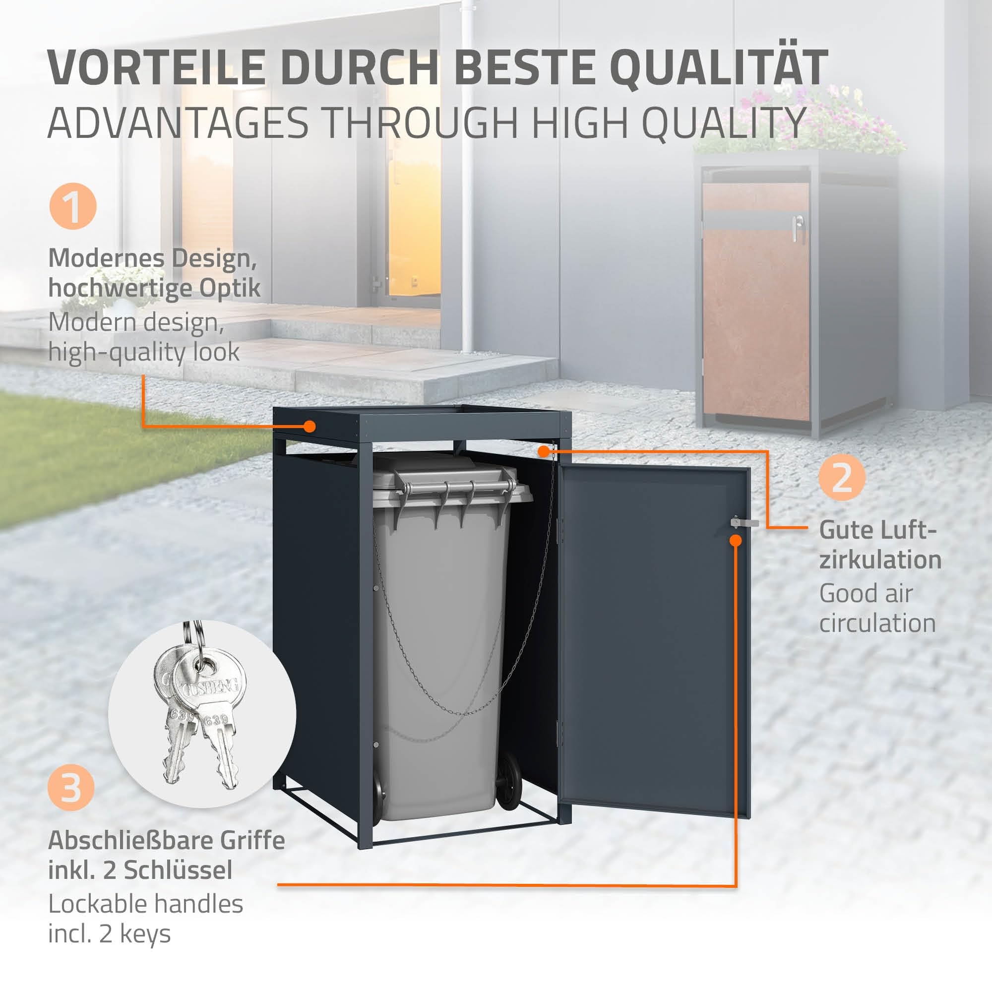 ML-Design Box pour 1 Poubelle avec Toit Végétal, jusqu'à 240L, 68x80x124 cm, en Acier, Anthracite/Aspect Rouillé, Résistant aux Intempéries, Habillage de Poubelle Verrouillable, Conteneur Abri Hangar