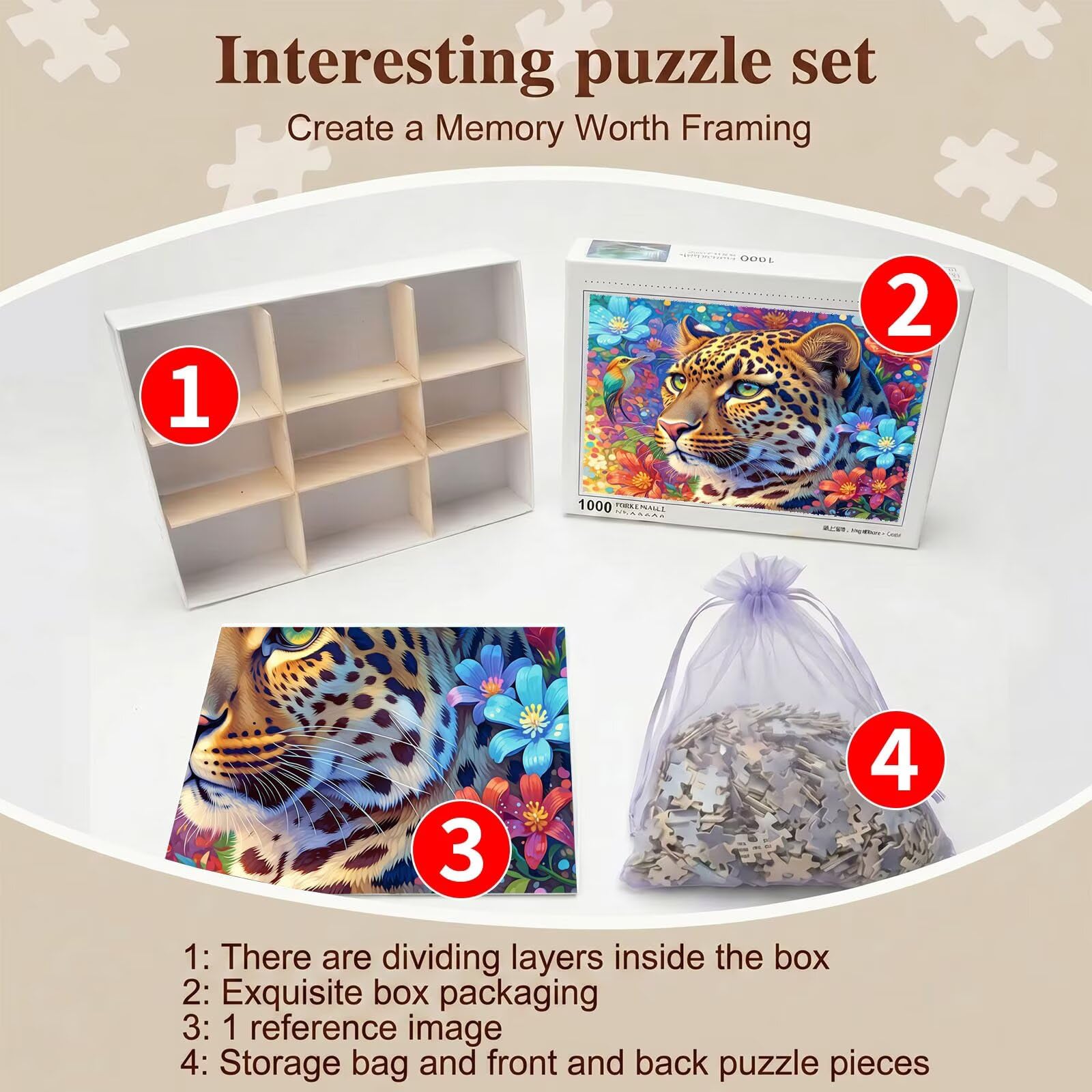 Leopardo Flor-3 Puzzle de 1500 Piezas, Juego de Mesa Familiar de Madera - Rompecabezas Adultos para Toda La Familia, Rompecabezas Educativo DIY y Antiestrés - con Mapa de Referencia, 87 x 57 cm f0-10