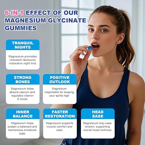 Miniatura 3 de Gomitas de glicinato de magnesio con sabor a arándanos, 400 mg, suplemento de alta absorción para adultos y niños, sin azúcar, sin gelatina, aptas