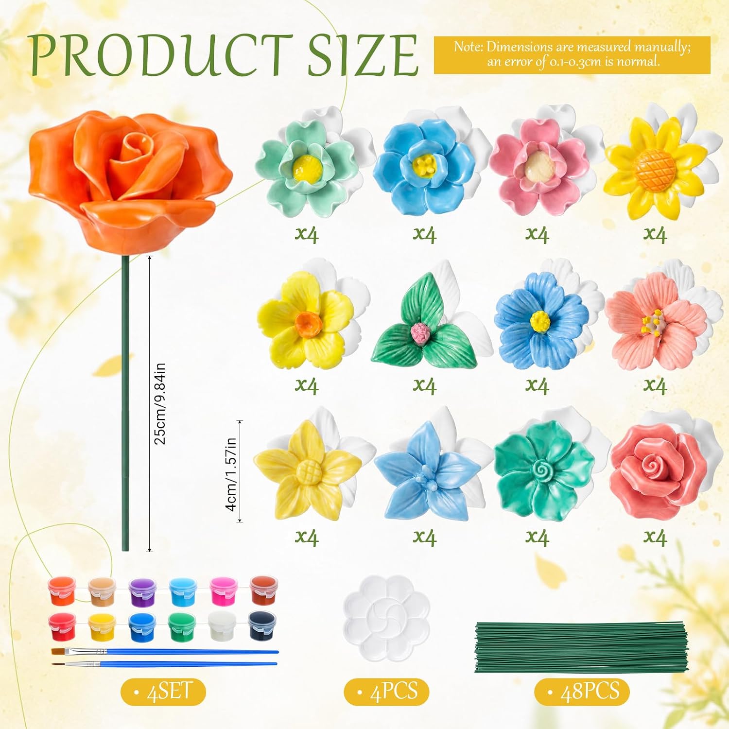 Zubebe 48 Set 3D Flowers Ceramics Painting DIY Kit Bulk Paint Your Own Flower Figurines Unpainted Porcelain Crafts with Brushes Paints Palette Iron Stems for Adult Party Favor Birthday Gift Home Decor