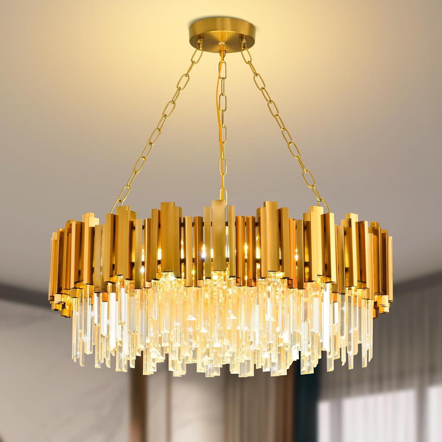 Modern Gold Crystal Chandelier Hanging Ceiling Light Fixture 12 Lights Round Crystal Chandeliers for Dining Room Pendant Light Fixture Crystal Chandeliers Living Room Bedroom Entryway W29in
