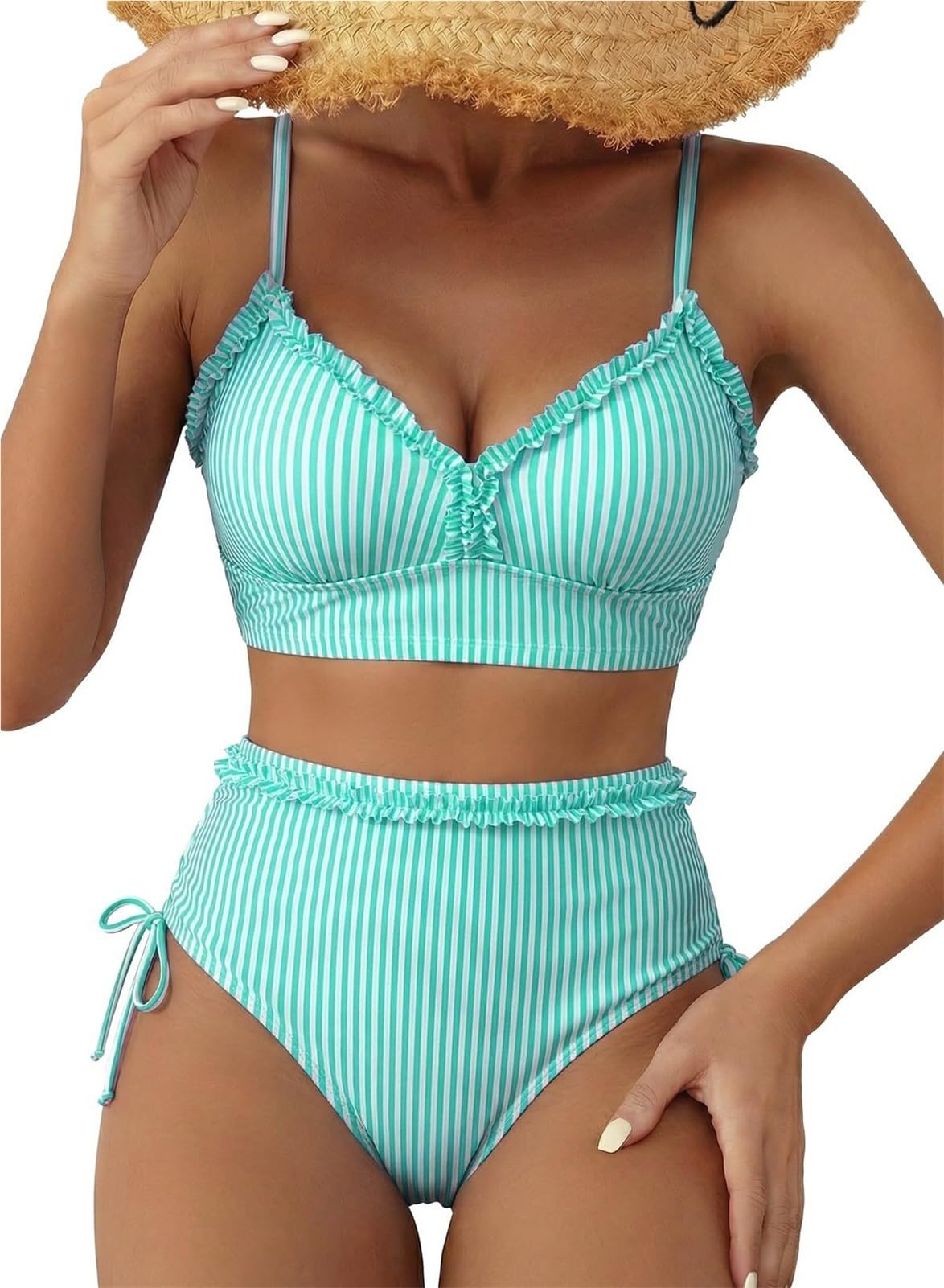 Bikini taille haute anti-complexes à volants et rayures vertes S
