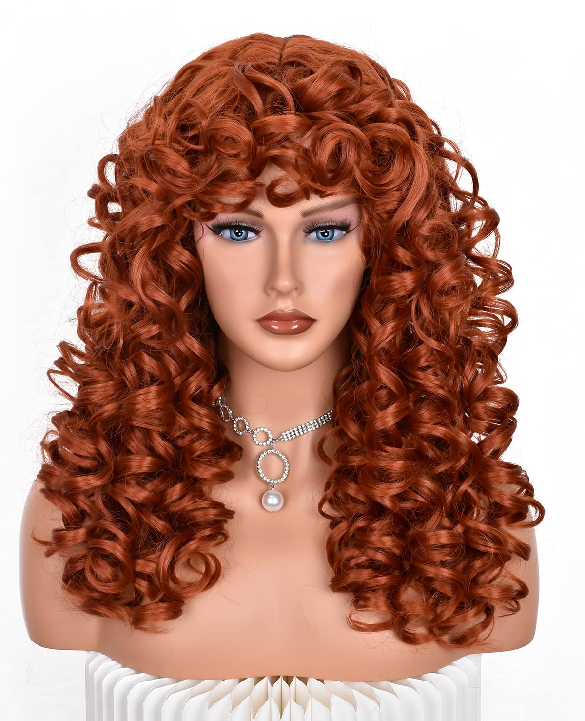 CoCrowns Curly Wig with Bangs for Black Women Long curly Shag Synthetic Hair Wigs Daily Use Cosplay 17 Inch (Ginger) - Image 2