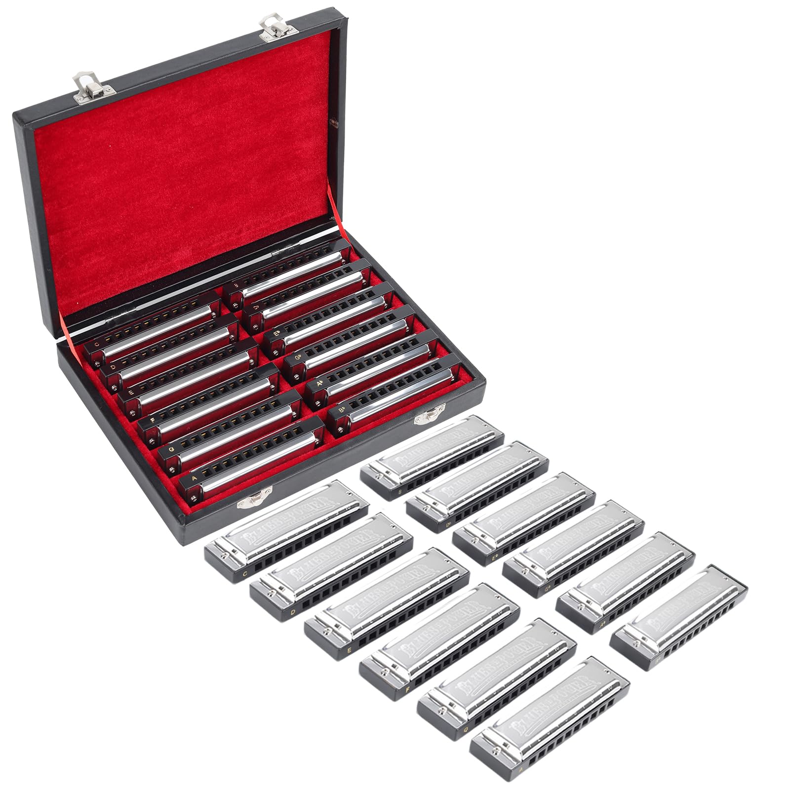 Blues Harmonica Set,10 Hole Diatonic Harmonica 7-Key/12 Keys Set, Resin Grid Anti Drop with High-end Case Gift for Professional Player, Beginner (Sliver 12 Keys set)