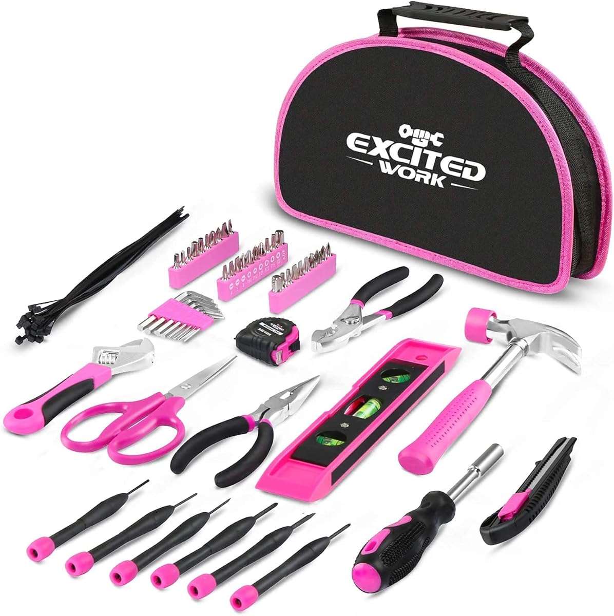 69 Piece Pink Tool kit, Ladies Hand Tool Set with Easy Carrying Round Pouch Household Tool Kit Perfect for DIY, Home Maintenance and Dorm Repair