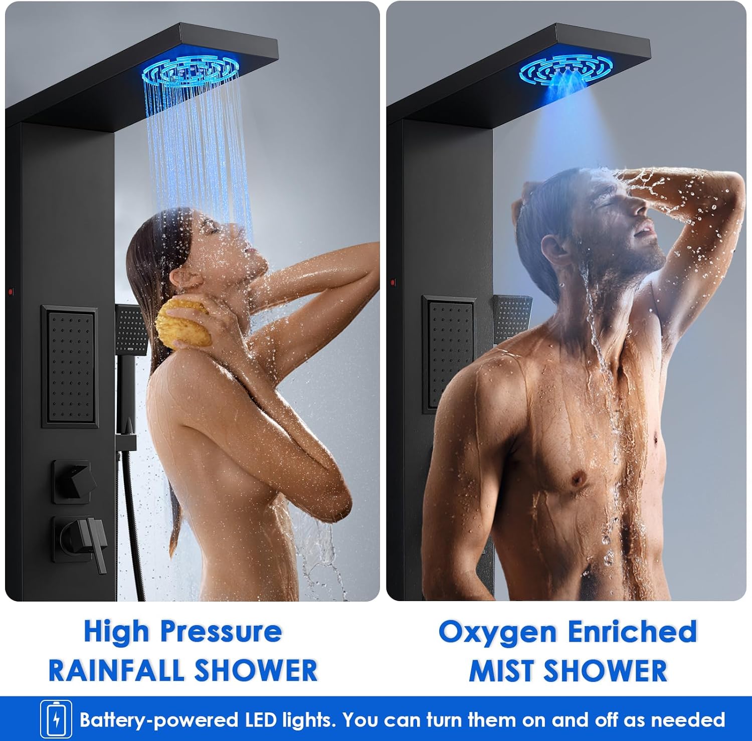 ROVOGO Led Shower Panel Tower System, Lighted Shower Head 2-Setting (Rainfall & Mist Mode), Large Body Jets, Handheld and Tub Spout, 50" Stainless Steel Shower Column with Mixer Valve, Black