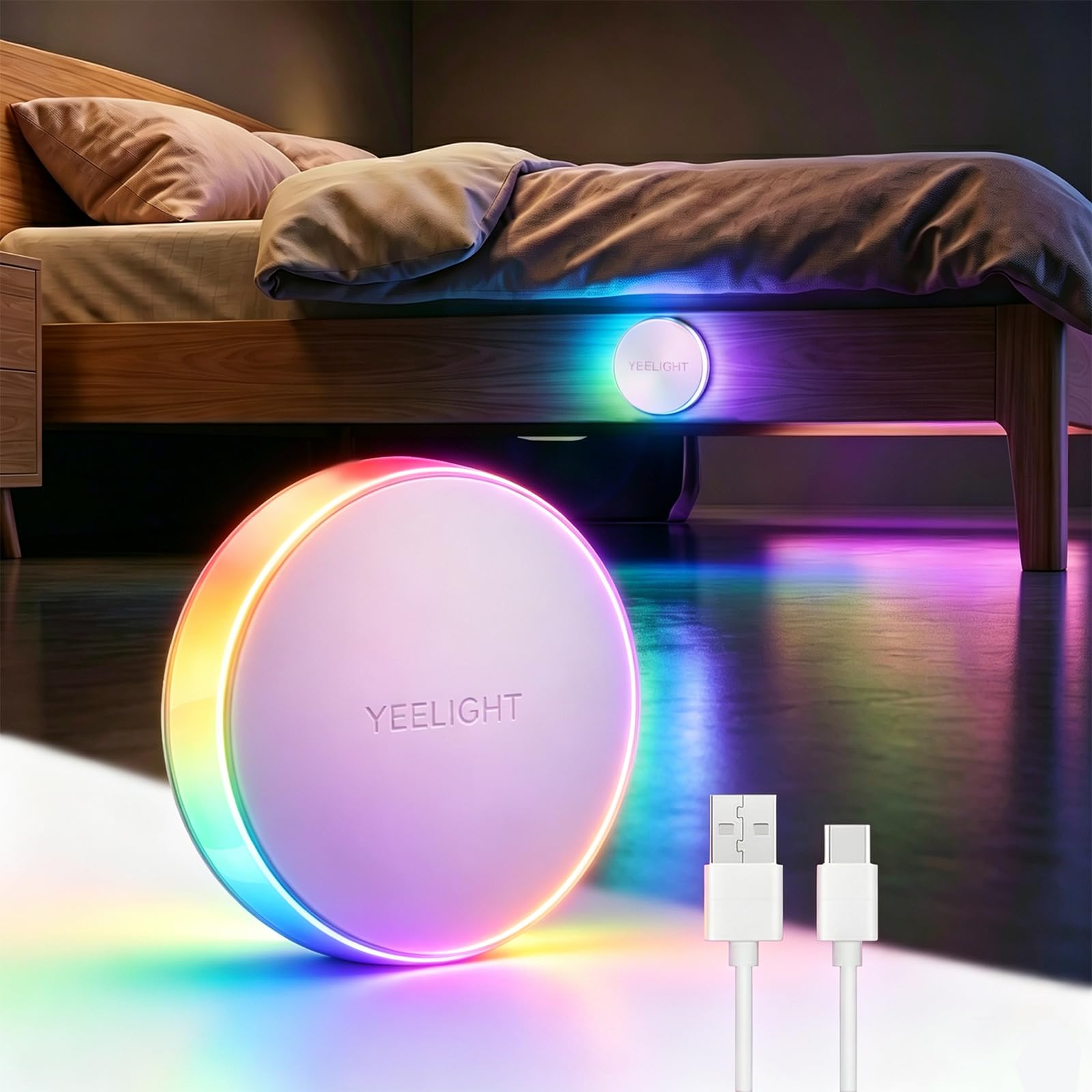 Yeelight Motion Sensor Night Light Rechargeable Color Changing RGB & Warm White, 750mAh Wireless Nightlight Type-C Up to 3 Months Runtime, LED Bathroom Night Light for Hallway, Bedroom, Stairs(1 Pack)