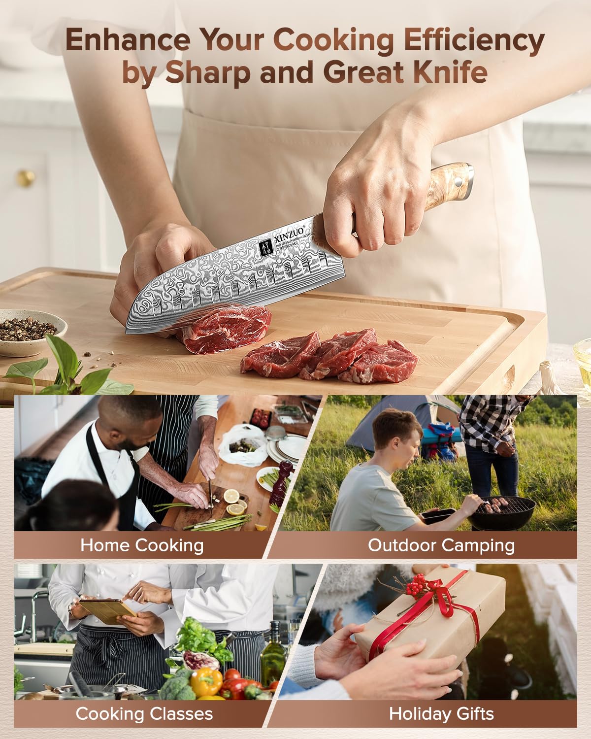 XINZUO 18cm Acero de Damasco Cuchillo Santoku -Profesional Afilado Cuchillo de Cocinero de Cocina 67 Capas de Acero de Damasco -Mango Ergonómico de Figured Sycamore Wood -con Caja de Regalo