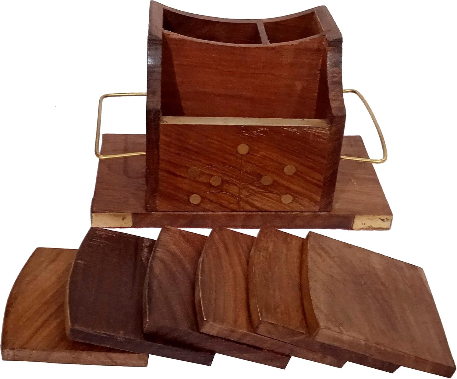 Purpledip Wooden Desk Organizer Cum Cutlery Holder: Set Of 6 Coasters (12303)