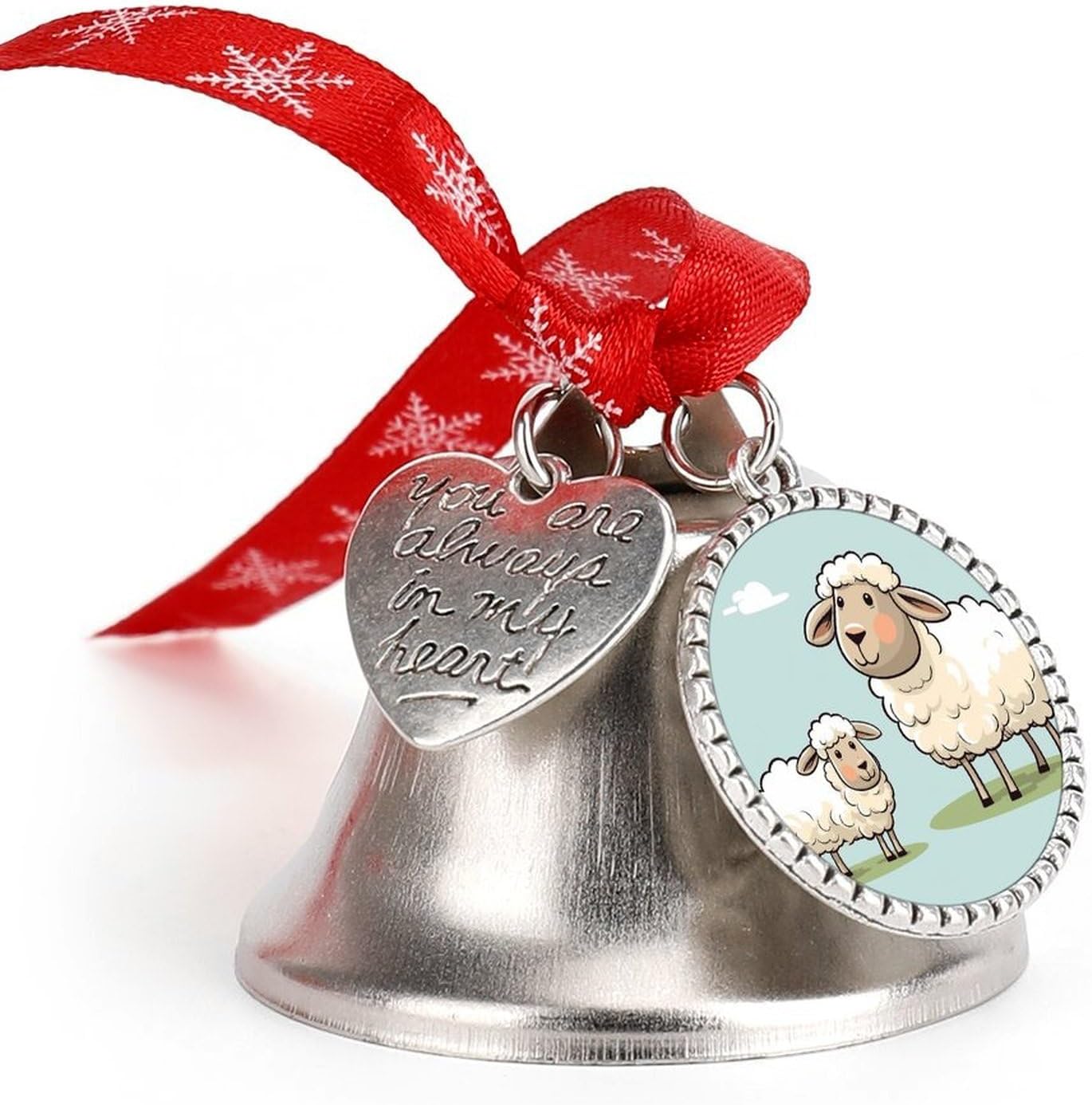 Sheep and Lamb Cartoon Christmas Bells Ornaments with Wings & Heart Silver Bell Pendant for Christmas Tree Home Door Mantle Fireplace Decoration